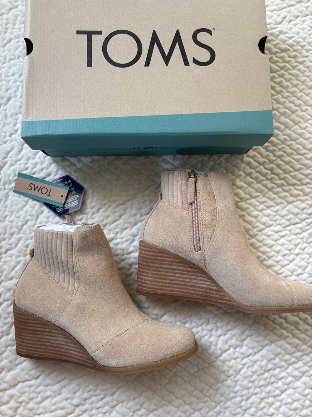 TOMS Sadie Boot in Sand Suede Wedge Bootie